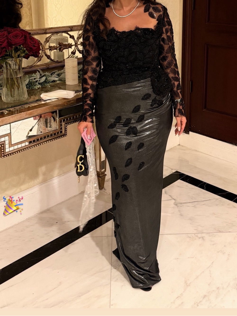 Custom made black beaded gown with metallic bottom